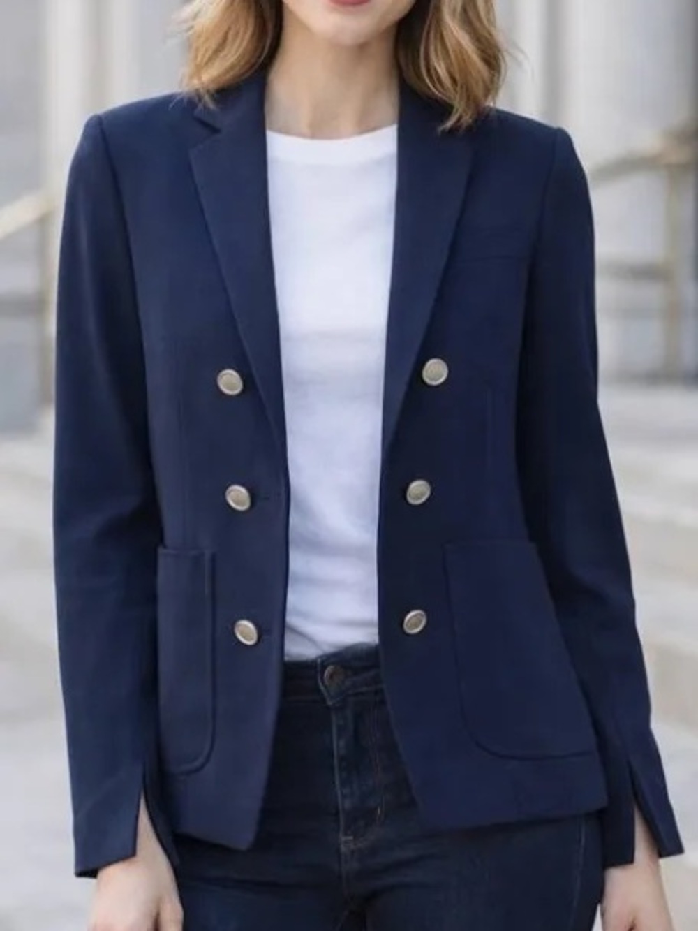 Theory Navy Double-Breasted Blazer with Gold Buttons and Patch Pockets